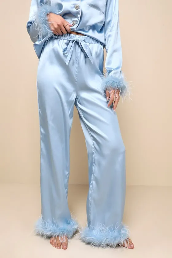 Dreamiest Delight Light Blue Satin Feather Two-Piece Pajama Set sold by Lulus product image thumbnail 3