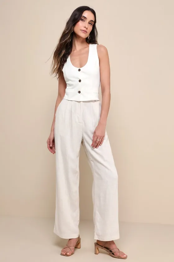 Relaxed Darling Beige Linen High-Waisted Trouser Pants sold by Lulus