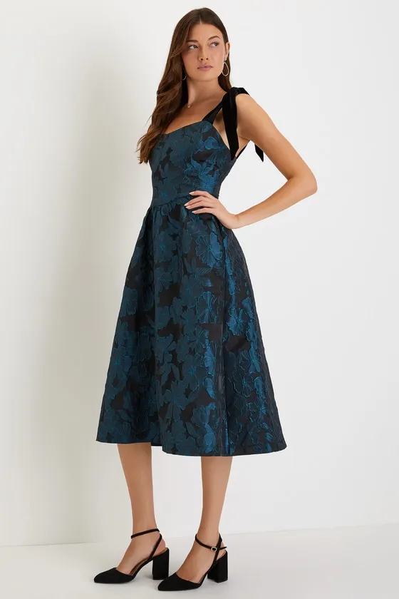 Beyond Graceful Black Floral Jacquard Velvet Tie-Strap Midi Dres sold by Lulus