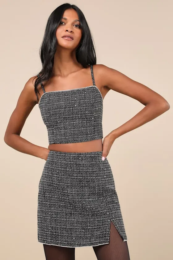 Charismatically Cute Black Tweed Rhinestone High-Rise Mini Skirt sold by Lulus product image thumbnail 2