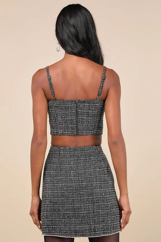 Charismatically Cute Black Tweed Rhinestone High-Rise Mini Skirt sold by Lulus product image thumbnail 4