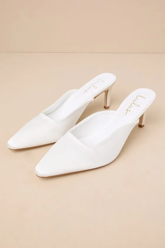 Daliah White Satin Pointed-Toe Mule Pumps sold by Lulus