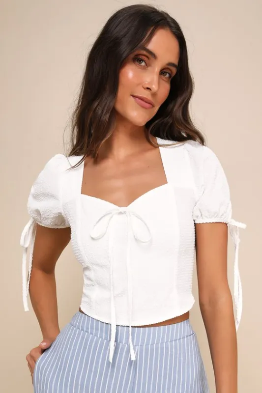 Darling Intention White Textured Bow Puff Sleeve Top sold by Lulus