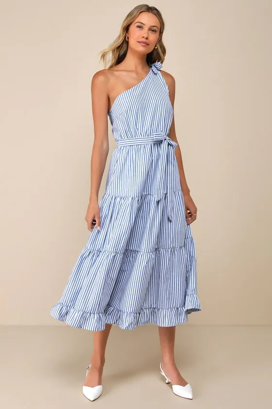 Gleeful Getaway Blue and White Striped One-Shoulder Midi Dress sold by Lulus