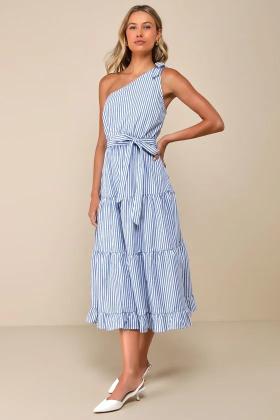 Gleeful Getaway Blue and White Striped One-Shoulder Midi Dress sold by Lulus product image thumbnail 2