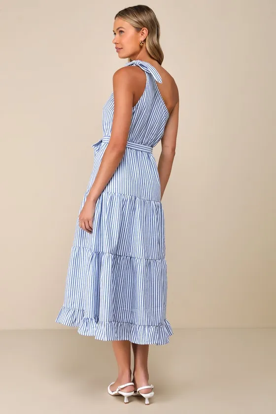 Gleeful Getaway Blue and White Striped One-Shoulder Midi Dress sold by Lulus product image thumbnail 3