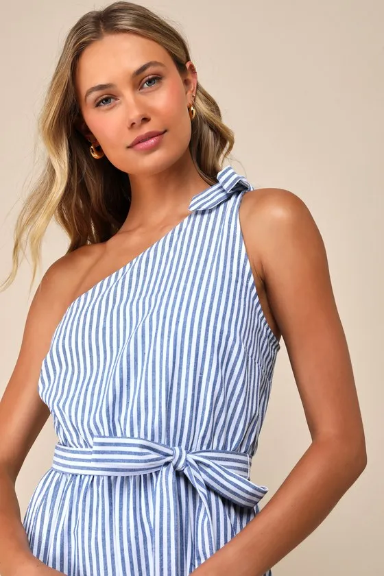 Gleeful Getaway Blue and White Striped One-Shoulder Midi Dress sold by Lulus product image thumbnail 4