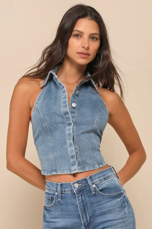 Sensational Trend Light Wash Denim Collared Backless Crop Top sold by Lulus
