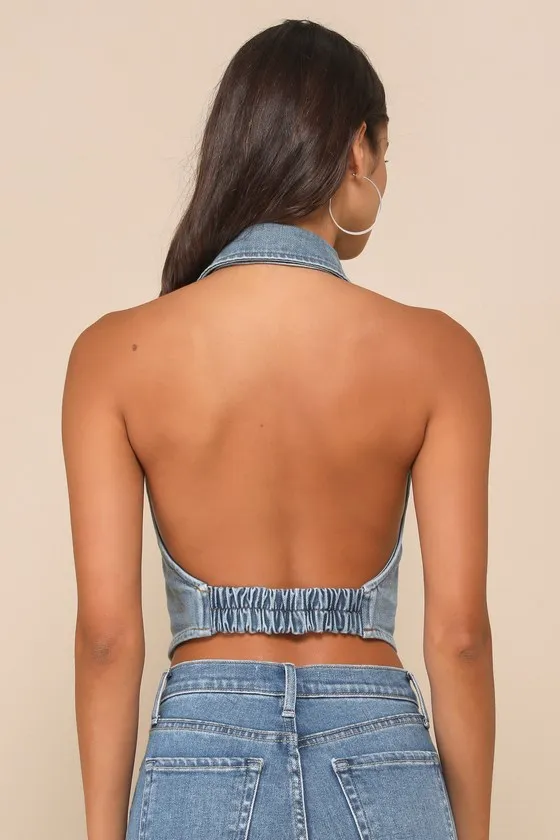 Sensational Trend Light Wash Denim Collared Backless Crop Top sold by Lulus product image thumbnail 3