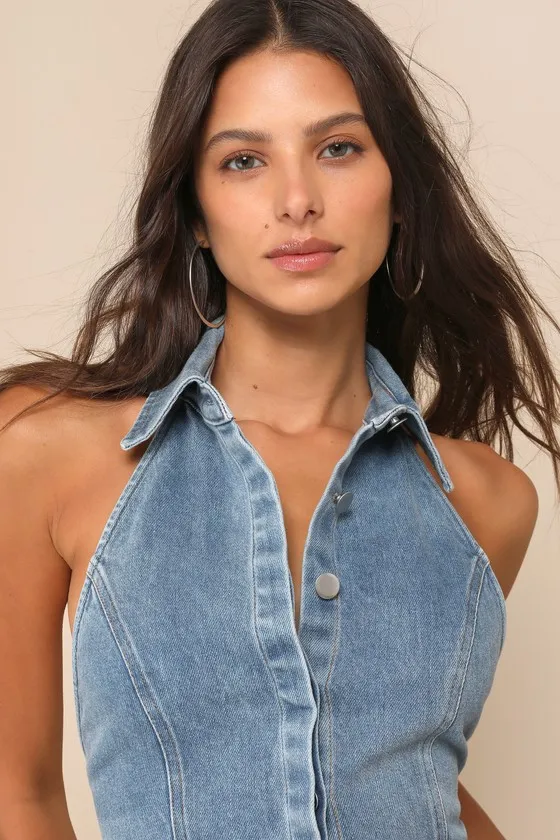 Sensational Trend Light Wash Denim Collared Backless Crop Top sold by Lulus product image thumbnail 4
