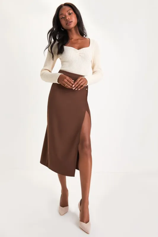 Perfect Sophistication Brown Twill Button Wrap Midi Skirt sold by Lulus