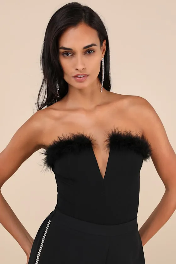 Desirable Aesthetic Black Feather Strapless Bodysuit sold by Lulus