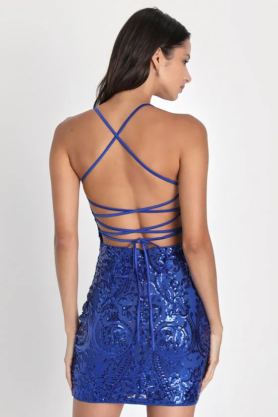 Shining Goddess Cobalt Blue Sequin Lace-Up Mini Dress sold by Lulus product image thumbnail 2