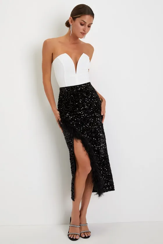 Luminous Aura Black Sequin Feather High-Rise Tulip Midi Skirt sold by Lulus
