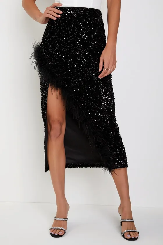 Luminous Aura Black Sequin Feather High-Rise Tulip Midi Skirt sold by Lulus product image thumbnail 2