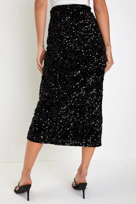 Luminous Aura Black Sequin Feather High-Rise Tulip Midi Skirt sold by Lulus product image thumbnail 3