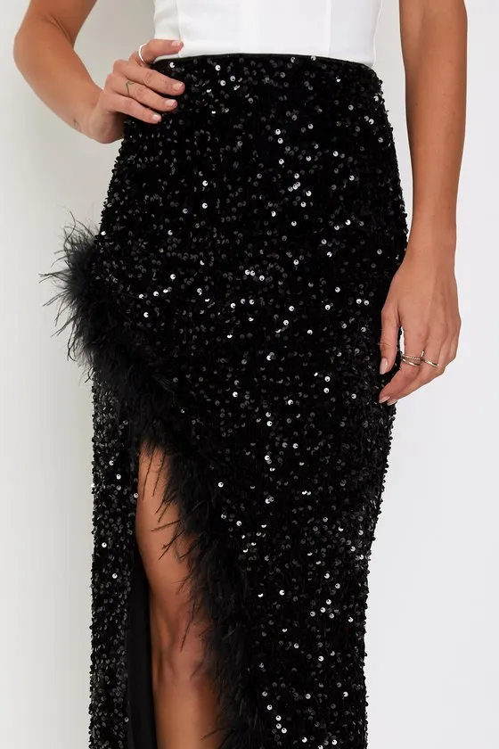 Luminous Aura Black Sequin Feather High-Rise Tulip Midi Skirt sold by Lulus product image thumbnail 4