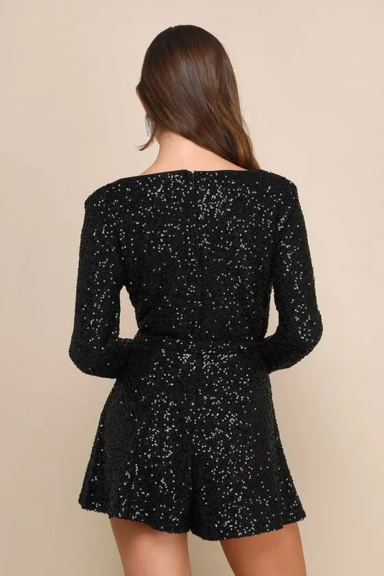Cue the Shine Black Sequin Long Sleeve Romper sold by Lulus product image thumbnail 3
