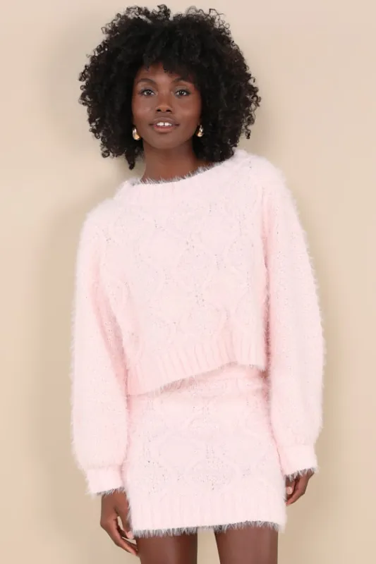 Wintery Aura Light Pink Fuzzy Cable Knit Sweater Mini Skirt sold by Lulus