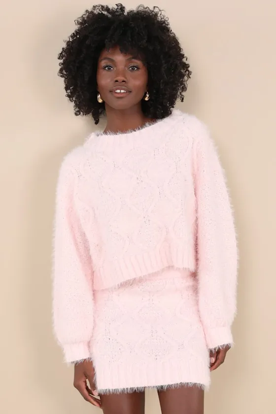 Wintery Aura Light Pink Fuzzy Cable Knit Sweater Mini Skirt sold by Lulus