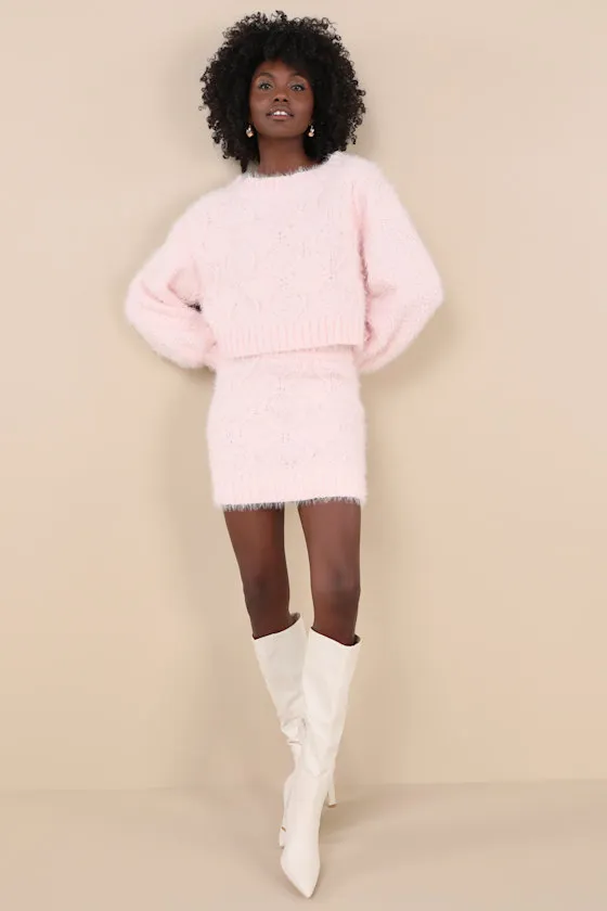Wintery Aura Light Pink Fuzzy Cable Knit Sweater Mini Skirt sold by Lulus product image thumbnail 4