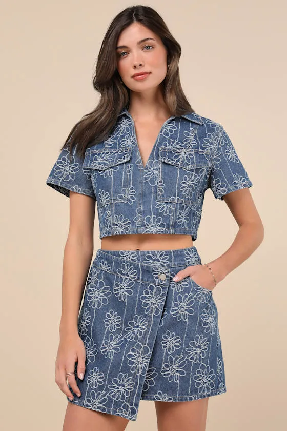 Nicest Aura Medium Wash Embroidered Denim Two-Piece Dress sold by Lulus