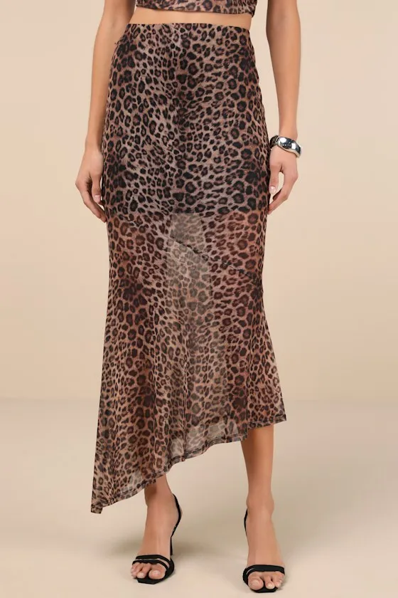 Fierce Charm Brown Leopard Print Mesh Asymmetrical Midi Skirt sold by Lulus product image thumbnail 2