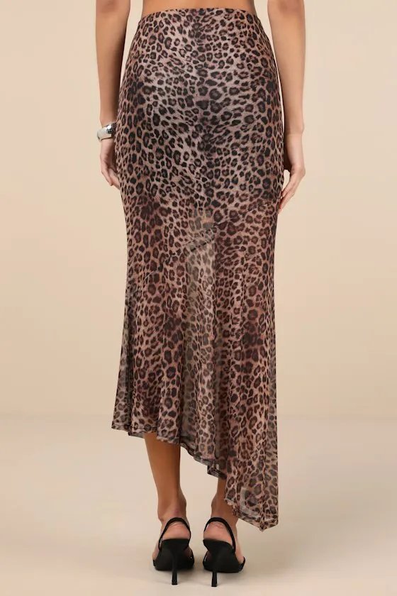 Fierce Charm Brown Leopard Print Mesh Asymmetrical Midi Skirt sold by Lulus product image thumbnail 3