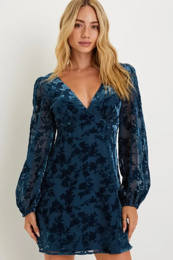 Stunning Stance Teal Blue Velvet Floral Long Sleeve Mini Dress sold by Lulus