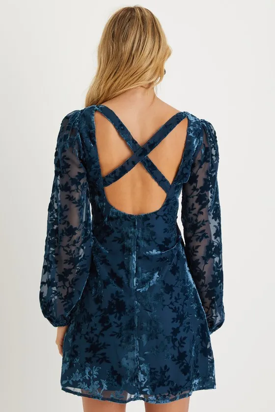 Stunning Stance Teal Blue Velvet Floral Long Sleeve Mini Dress sold by Lulus product image thumbnail 3