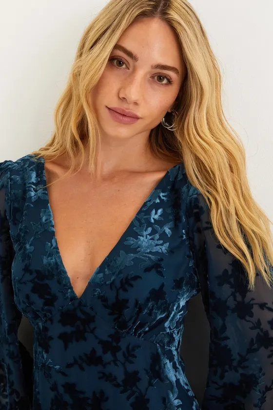 Stunning Stance Teal Blue Velvet Floral Long Sleeve Mini Dress sold by Lulus product image thumbnail 4