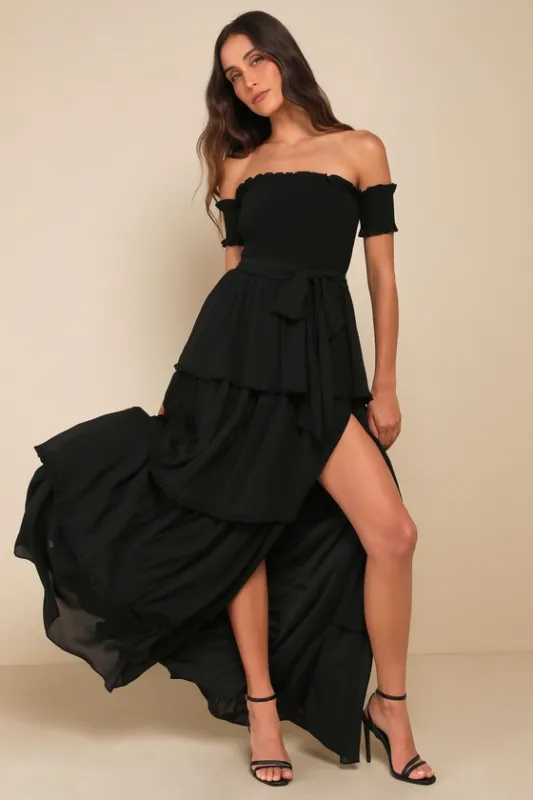 Stunning Poise Black Off-the-Shoulder Smocked Tiered Maxi Dress sold by Lulus