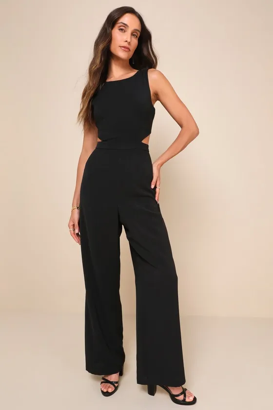 Moments to Remember Black Sleeveless Wide-Leg Cutout Jumpsuit sold by Lulus