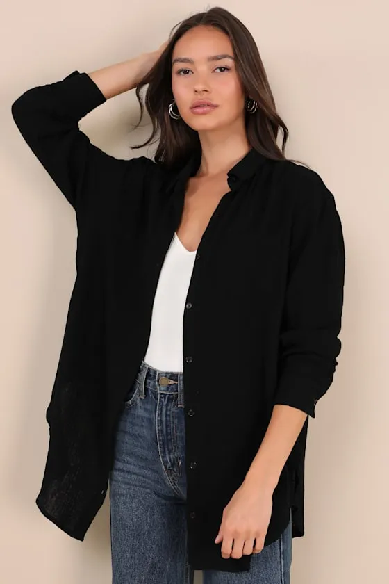 Easy To See Black Oversized Button-Up Top sold by Lulus