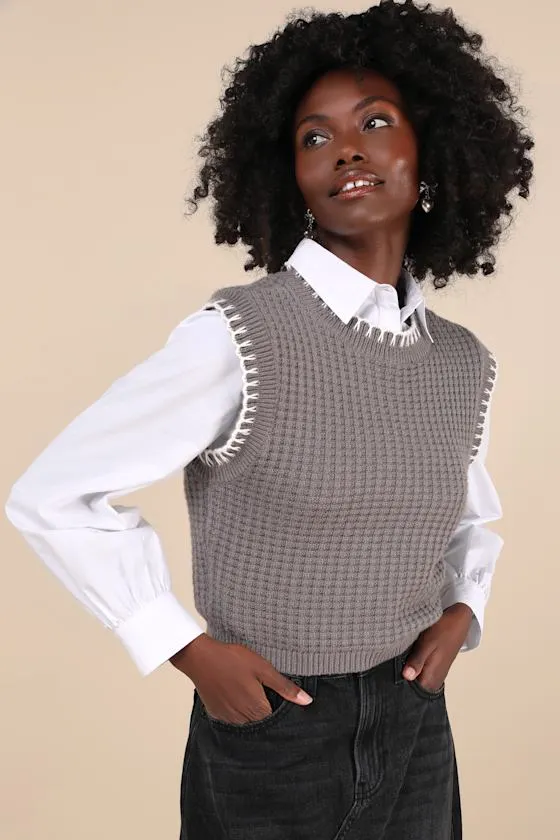 Comfy Poise Grey Embroidered Waffle Knit Sweater Vest sold by Lulus