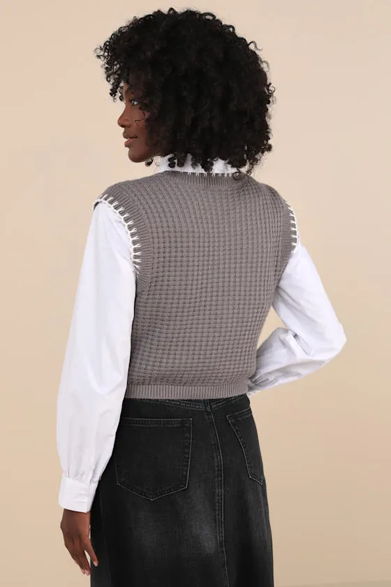 Comfy Poise Grey Embroidered Waffle Knit Sweater Vest sold by Lulus product image thumbnail 2