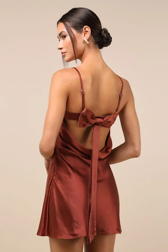 Sincerest Elegance Rust Brown Satin Cowl Back Bow Mini Dress sold by Lulus