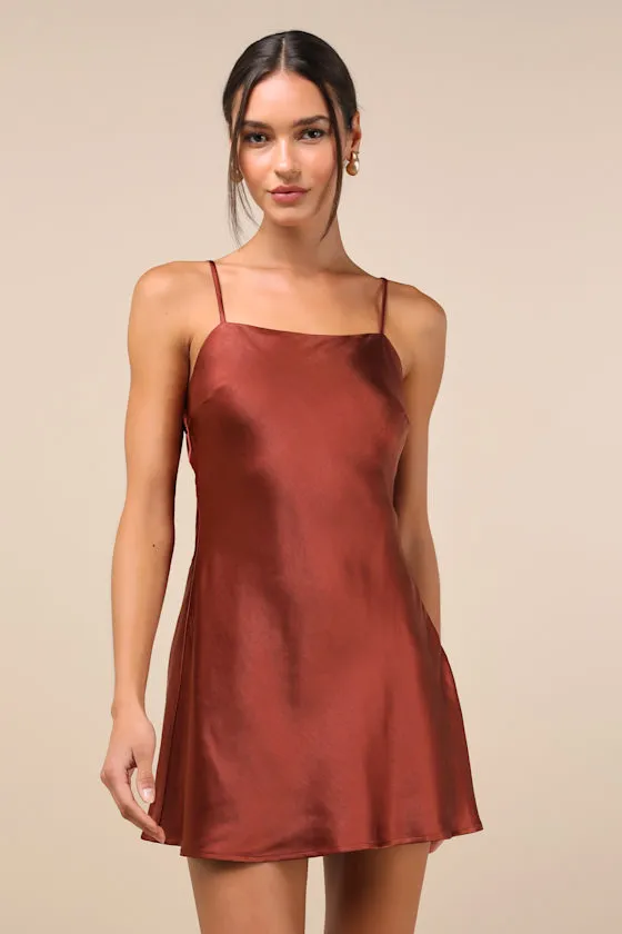 Sincerest Elegance Rust Brown Satin Cowl Back Bow Mini Dress sold by Lulus product image thumbnail 3