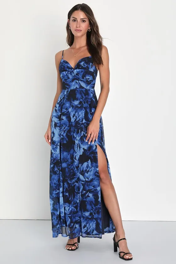 Beautiful Soul Blue Floral Print Twist-Front Maxi Dress sold by Lulus