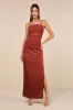 Perfected Essence Rust Brown Satin Mesh Ruched Maxi Dress sold by Lulus