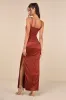 Perfected Essence Rust Brown Satin Mesh Ruched Maxi Dress sold by Lulus