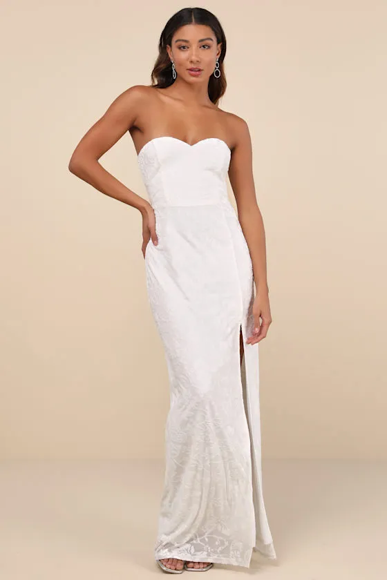 Exquisite White Velvet Burnout Strapless Maxi Dress sold by Lulus