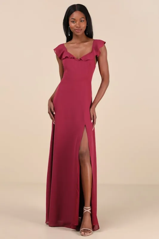 Sweetest Entrance Dark Magenta Ruffled Tie-Back Maxi Dress sold by Lulus