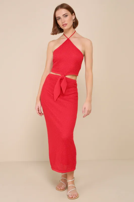 Sunny Serenity Bright Red Crochet Cutout Halter Midi Dress sold by Lulus