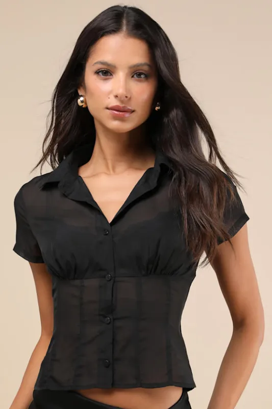 Coveted Upgrade Black Sheer Button-Up Top sold by Lulus