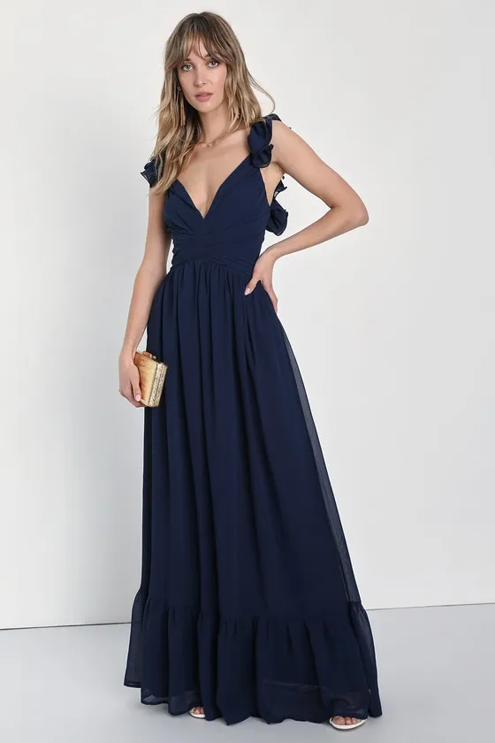 Soiree Celebration Navy Blue Ruffled Lace-Up Maxi Dress sold by Lulus