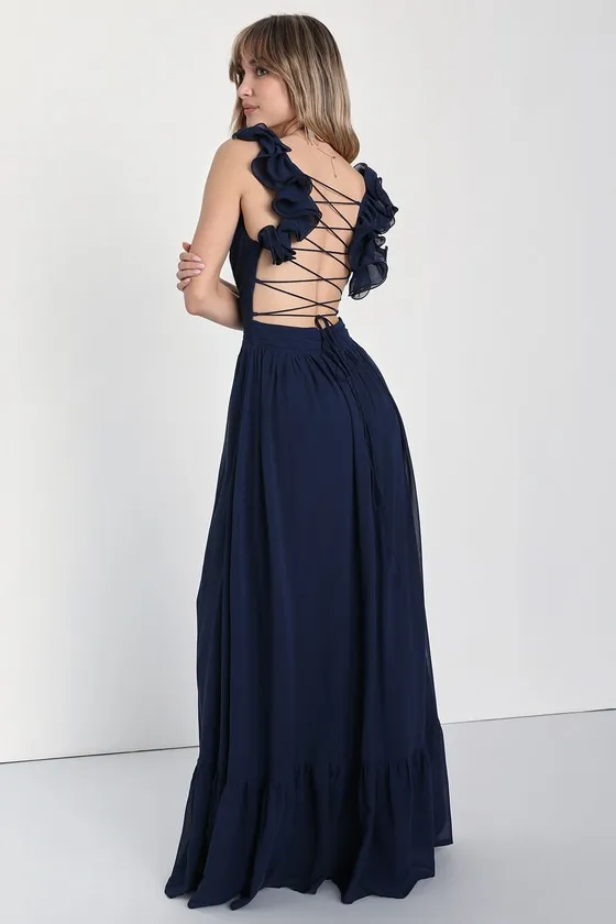 Soiree Celebration Navy Blue Ruffled Lace-Up Maxi Dress sold by Lulus product image thumbnail 2