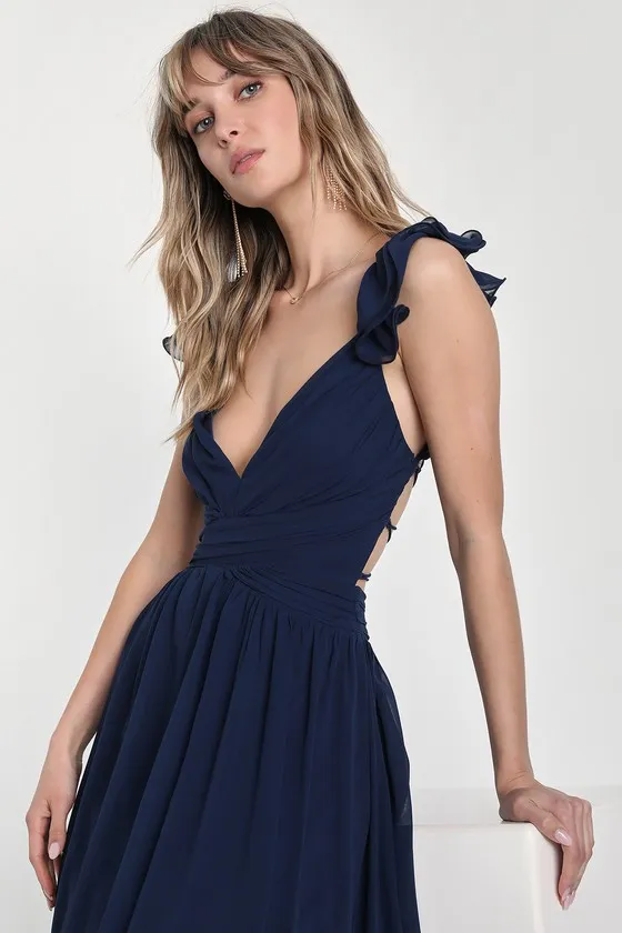 Soiree Celebration Navy Blue Ruffled Lace-Up Maxi Dress sold by Lulus product image thumbnail 3