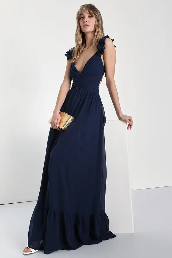 Soiree Celebration Navy Blue Ruffled Lace-Up Maxi Dress sold by Lulus product image thumbnail 4