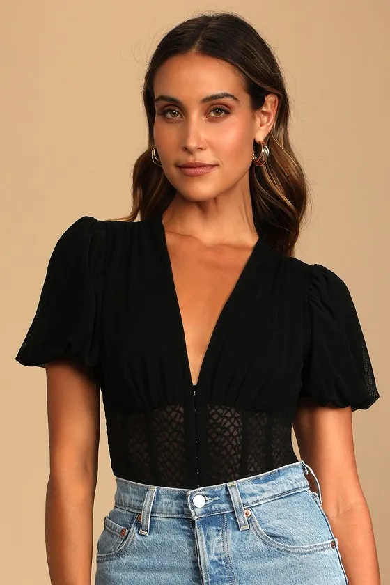 Properly Trendy Black Mesh Puff Sleeve Bodysuit sold by Lulus